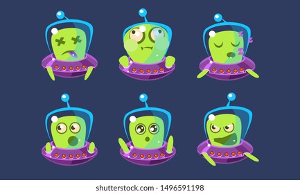 Alien Character in Ufo Set, Funny Monster with Different Emotions, Cute Emoticons Emojis Vector Illustration