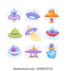 Alien Character in Ufo Shuttle and Spaceship Vector Illustration Set