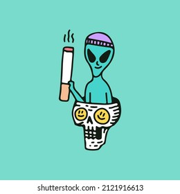 Alien character wearing beanie hat holding cigarette and chill out on the skull head, illustration for t-shirt, sticker, or apparel merchandise. With retro cartoon style.