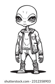 Alien character wearing modern jeans trouser and jacket isolated Vector art