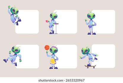 Alien characters. funny mascots in action poses standign near empty banners