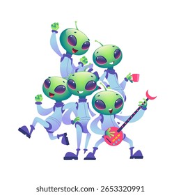 Personagens alienígenas. grupo de personagens engraçados alienígenas com violão