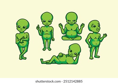 Alien characters have different poses and emotional vector illustration