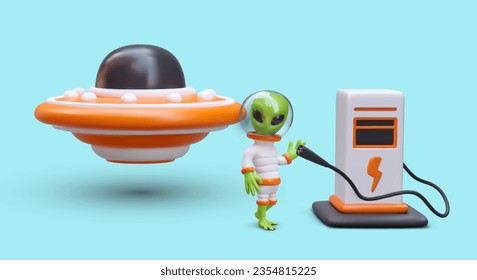 Alien charges flying saucer. Recharging UFO. Advertisement of electric car charging stations. Concept with 3D illustration in cartoon style. Green energy