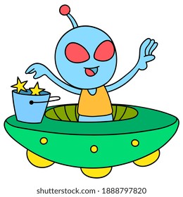 alien child flying aboard a UFO plane across space, character cute doodle draw. vector illustration