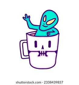 Alien chill out inside a skull mug, illustration for t-shirt, sticker, or apparel merchandise. With doodle, retro, and cartoon style.