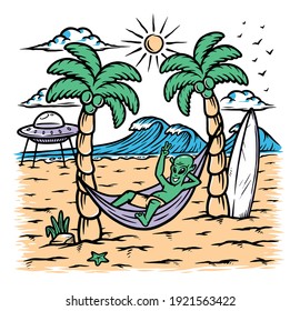 Alien chilling on the beach illustration