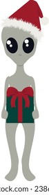 An alien with a christmas cap and a gift.