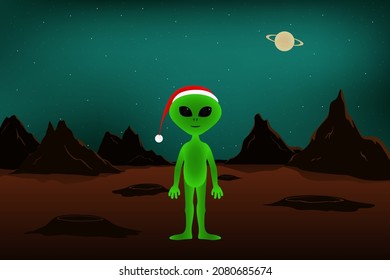 Alien in Christmas red hat. Vector illustration.