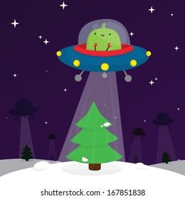 Alien and christmas tree vector illustration