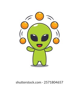 alien circus attraction with balls. mascot cartoon character vector illustration. design element for poster, brochure, web, mascot, sticker, logo and icon.