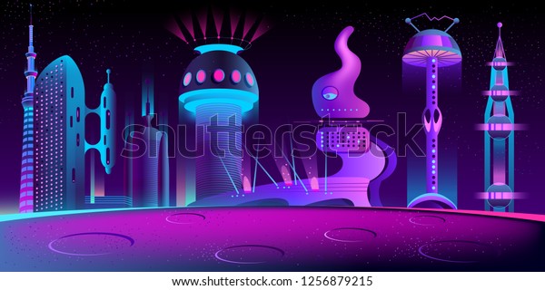 Alien city cartoon vector in neon colors with\
fantastic futuristic skyscrapers and fancy shape buildings on\
planet surface with craters illustration. Extraterrestrial\
civilization, future space\
colony
