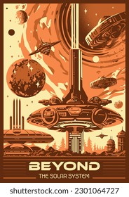 Alien city vintage flyer monochrome with fantasy buildings and flying saucers near beyond solar system text vector illustration