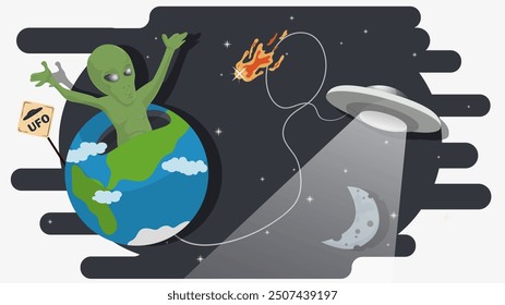 An alien climbs out of the bowels of planet Earth against the background of space and UFOs, flat childrens doodles