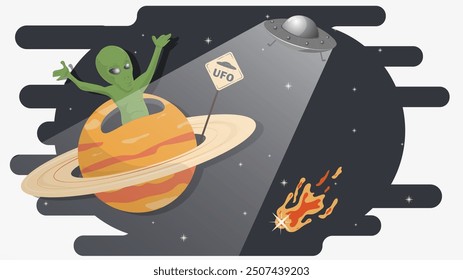 An alien climbs out of the bowels of the planet with rings on the background of space and UFOs, flat children's doodles