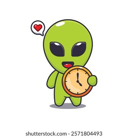 alien with clock. mascot cartoon character vector illustration. design element for poster, brochure, web, mascot, sticker, logo and icon.