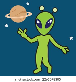 Alien close to saturn planet , colorful simple drawing design. vector-eps10. 
