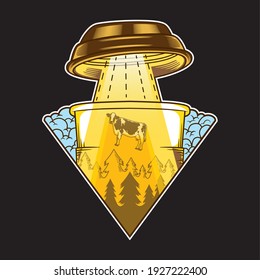 alien coffee flying saucer abduction cow funny humor vector illustration flat cartoon style 