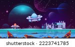 Alien colony landscape. Planet Mars colonization futuristic cartoon style, space station on galaxy surface universe exploration concept. Vector illustration. Cosmic settlement with fiction buildings