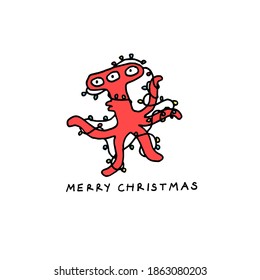 alien with colorful lighting. Cute Merry Christmas and Happy New greeting card. Printable hand drawn design. On white background.