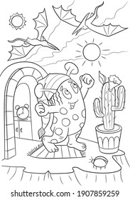 Alien coloring book page design. Space background. Universe illustration. Children's coloring page. Monster outline