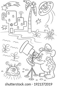 Alien coloring book. Space background. Universe illustration. Aliens cartoon. Animals coloring page 