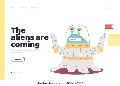 Alien coming concept of landing page with cosmos monster character. Friendly alien cartoon from space ship on template background. Comic creature from spaceship. Flat vector illustration