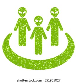 Alien Community grainy textured icon for overlay watermark stamps. Flat symbol with dust texture. Dotted vector eco green ink rubber seal stamp with grunge design on a white background.