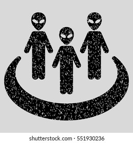 Alien Community grainy textured icon for overlay watermark stamps. Flat symbol with dust texture. Dotted vector black ink rubber seal stamp with grunge design on a light gray background.
