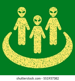 Alien Community grainy textured icon for overlay watermark stamps. Flat symbol with unclean texture. Dotted vector yellow ink rubber seal stamp with grunge design on a green background.