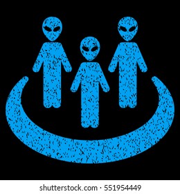 Alien Community grainy textured icon for overlay watermark stamps. Flat symbol with scratched texture. Dotted vector blue ink rubber seal stamp with grunge design on a black background.