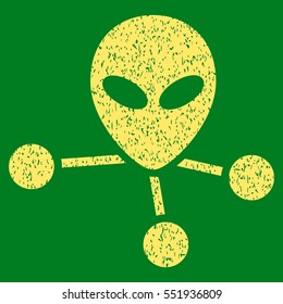 Alien Connections grainy textured icon for overlay watermark stamps. Flat symbol with dust texture. Dotted vector yellow ink rubber seal stamp with grunge design on a green background.