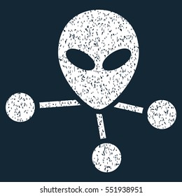 Alien Connections grainy textured icon for overlay watermark stamps. Flat symbol with dust texture. Dotted vector white ink rubber seal stamp with grunge design on a dark blue background.