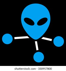 Alien Connections vector icon. Style is flat bicolor blue and white symbol, rounded angles, black background.