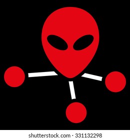 Alien Connections vector icon. Style is flat bicolor red and white symbol, rounded angles, black background.
