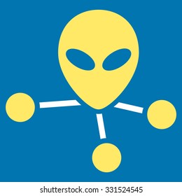 Alien Connections vector icon. Style is flat bicolor yellow and white symbol, rounded angles, blue background.