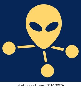 Alien Connections vector icon. Style is flat yellow symbol, rounded angles, blue background.