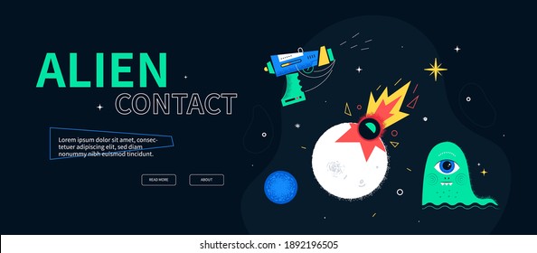 Alien contact - colorful flat design style web banner with place for text. An illustration with a blaster, impact, creature and Neptune planet. Infinite universe, space exploration, fantasy idea