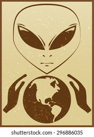 Alien controlling world with hands retro grunge 