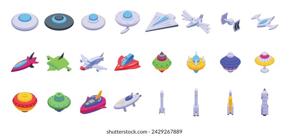 Alien cosmic starship icons set isometric vector. Fantasy spaceship. Flying futuristic