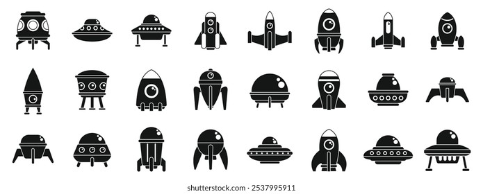 Alien cosmic starship icons set. Set of simple spaceship and rocket icons representing space exploration and futuristic travel