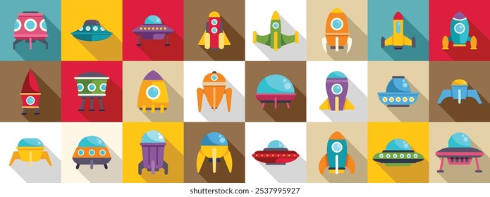 Alien cosmic starship icons set. Set of colorful spaceships and ufos ready for interstellar travel and exploration