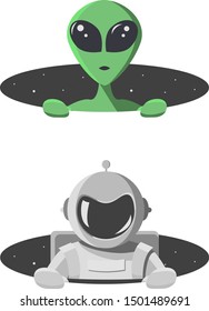 Alien and cosmonaut climbs out from the hole of space with stars. Extraterrestrial and astronaut looks out of a black round hole.  Monster and human in flat cartoon style  Vector illustration.