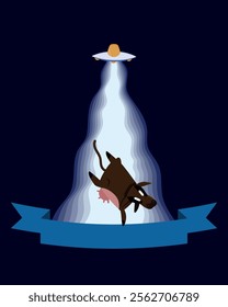 Alien Cow Abduction with UFO and Beam of Light – Ribbon for a tittle – Vector Illustration