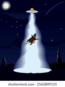 Alien Cow Abduction with UFO and Beam of Light – Vector Illustration