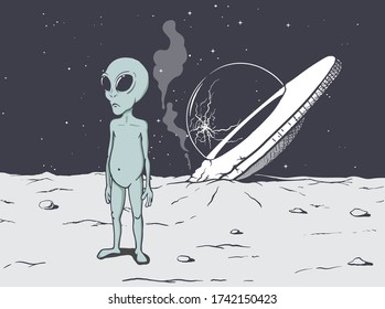 Alien crashed on a planet in space.Cartoon vector illustration