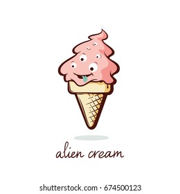 Alien cream. Cartoon character ice cream lettering illustration.