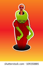 Creatura alienígena, verde, cabeza de gusano, vestido rojo, ilustración vectorial