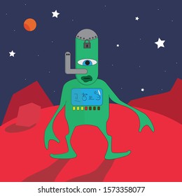 Alien creature on a red star in space.