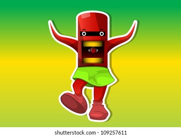 Alien Creature, Red, with Tentacles, Wearing a Green Skirt, vector illustration
